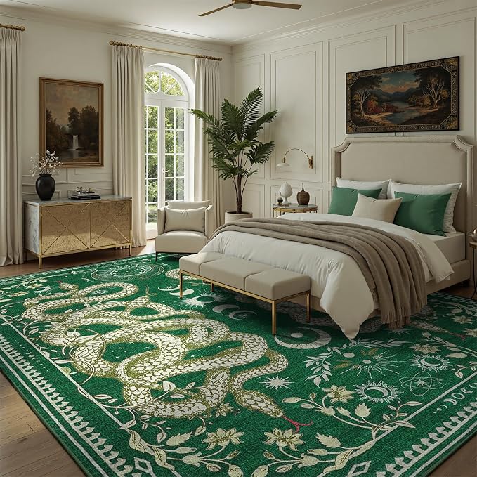 DCX 8x10 Washable Snake Rug for Living Room, Non Slip Low Pile Rug, Green | Rugs for bedroom, dining room, office, soft, gothic rug, sain resistant indoor carpet, home decor