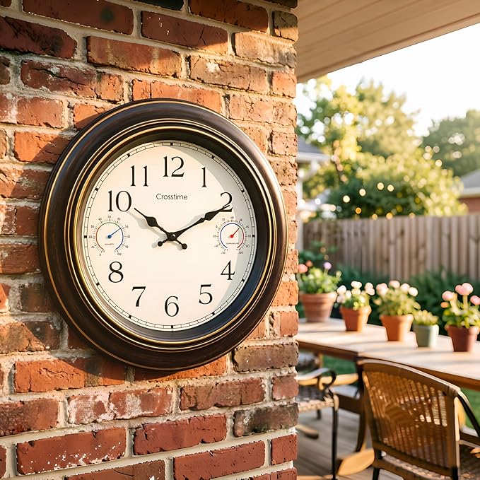 Crosstime 18 Inch Large Outdoor Clock Waterproof with Thermometer & Hygrometer - Silent Retro Wall Clock Decor for Patio, Pool, Garden, Backyard - Bronze