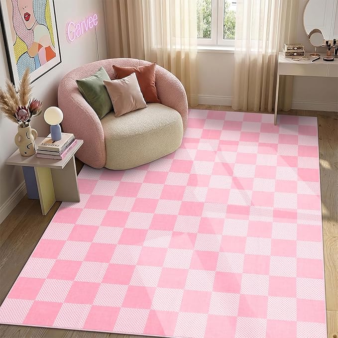 GarveeHome Checkered Pink 4x6 Washable Girls Rug Low-Pile Nursery Bedroom | Pink and White Area Rug for Living Room Girl Room Classroom Non-Slip Soft Stain Resistant Geometric Rugs TPE Backing