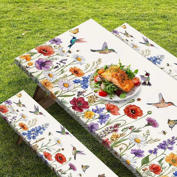Picnic Table Cover with Bench Covers Elastic Edges, Floral Camper Fitted Table Cover, Outdoor Camping Essentials 72 Inch 3PCS, Waterproof Camping Fitted Tablecloth with Drawstring Bag
