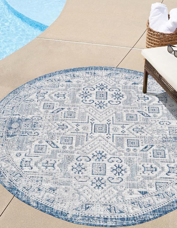 Unique Loom Outdoor Aztec Collection Area Rug - Coba (10' Round, Blue/ Ivory)