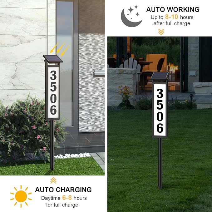 Eyrosa Solar Illuminated LED Lighted Address Sign, House Numbers for Outside Yard Home, Numbers Plaque Outdoor Waterproof, Black