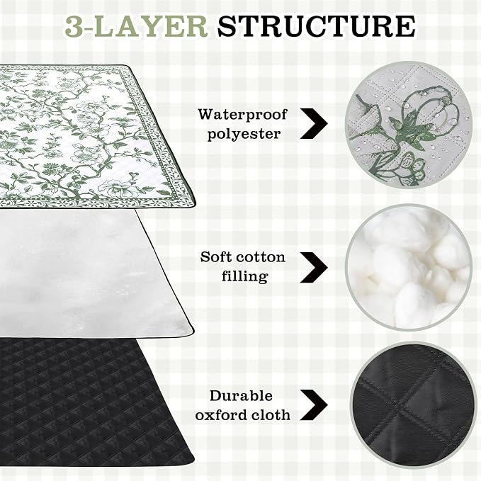Newwiee 80 x 80 Inch Green Floral Picnic Blanket Extra Large Outdoor Chinoiserie Picnic Mat with Carry Strap Waterproof Sandproof Blanket Foldable Portable for Beach Camping Grass Lawn Park