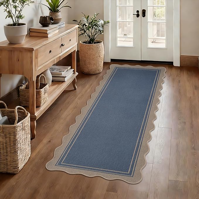 Easy Jute Kitchen Runner 2x6 Kitchen Runner Rug Washable Non Slip Outdoor Rug for Entryway Farmhouse Neutral Low Pile Scalloped Carpet for Hallyway Proch Doorway
