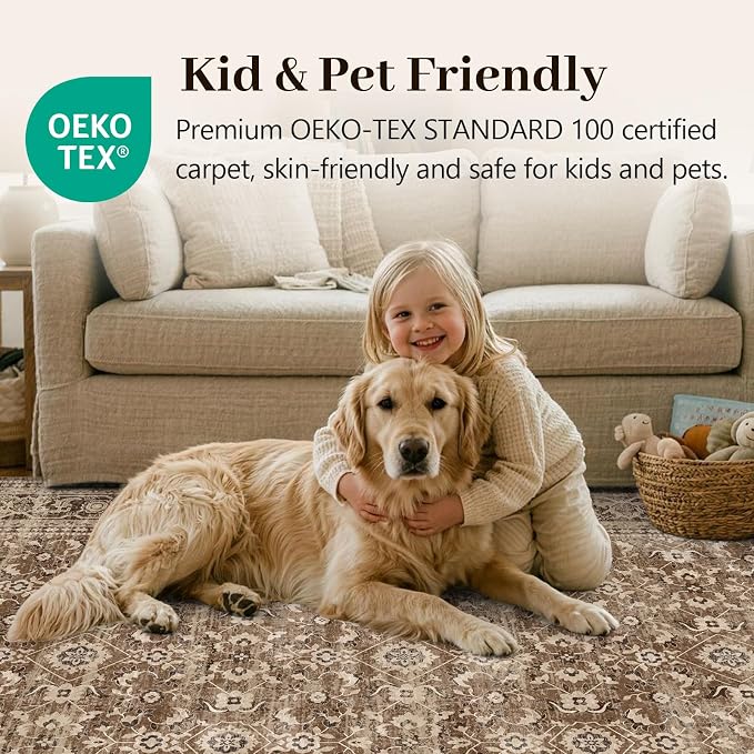 6x9 Ft Large Area Rugs for Living Room, Soft Non-Slip Machine Washable Rug, Vintage Stain Resistant Carpets for Bedroom Nursery Dining Room Home Decor (Brown)