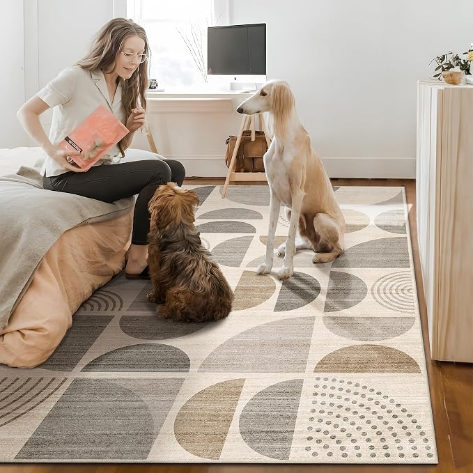 8x10 Area Rugs,Boho Washable Rugs Non Slip Modern Abstract | Large Throw Carpet for Living Room Bedroom Bedside Dining Room Soft Low Pile Floor Indoor Bohemian Neutral Beige