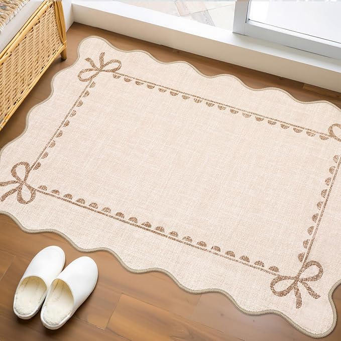 GarveeHome Scalloped Entryway Rug 2x3 Washable Front Door Bow Rug, Beige | Non Slip Soft Low Pile Ultra-Thin Indoor Carpet for Girls Dorm Nursery Bedroom Decor Hallway Kitchen Floor