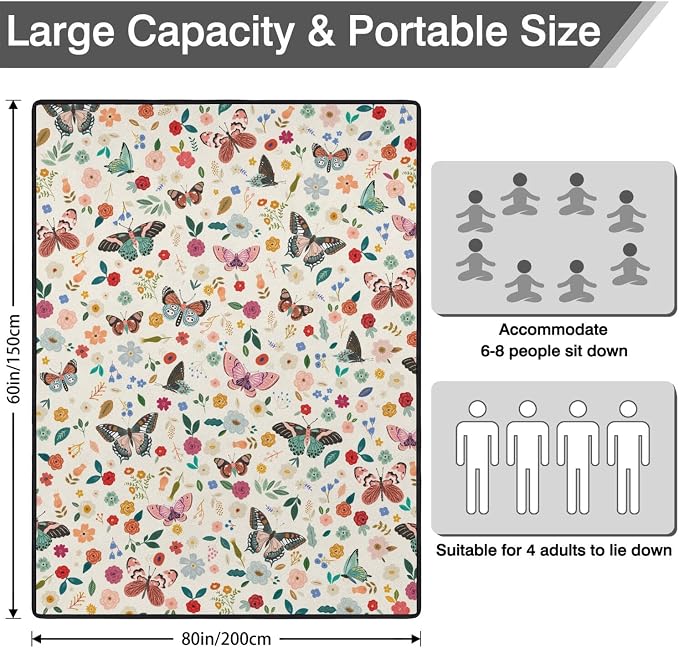Butterfly Flower Picnic Blankets Waterproof Foldable, 60’‘x80'' Portable Outdoor Picnic Mat Water Resistant for Grass, Padded Lawn & Park Blanket for Camping, Hiking