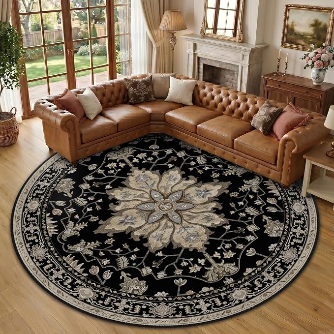 RELEANY Washable Area Rug, Round 10ft, Black/Neutral | Non-Slip, Water Repellent, Pet Friendly, Easy to Clean, Vintage Floral Boho Decor for Living Room Bedroom Dining Room