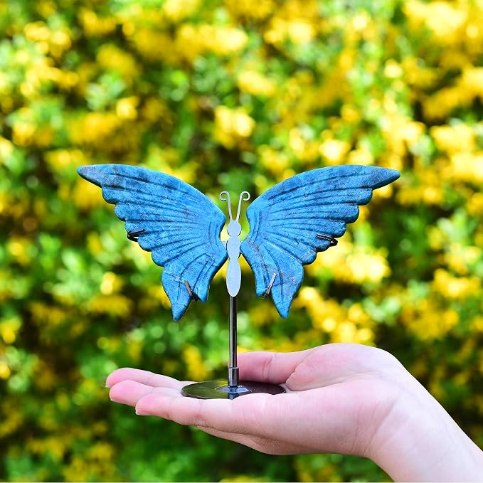 JIC Gem Large Blue Apatite Quartz Crystals Butterfly Figurine Decorative Stones Natural Rocks Healing Crystal Carved Angel Wings with Display Decor Reiki Gifts (1pair, 10cm)