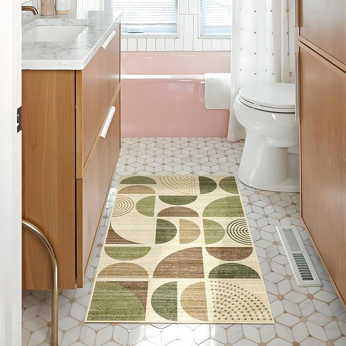 Small Rug Washable,2x3 Area Rugs Non Slip Modern Abstract | Throw Carpet for Entryway Bathroom Entry Entrance Bedroom Kitchen Boho Soft Low Pile Floor Indoor Vintage Green and Brown