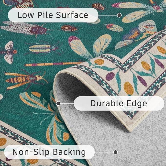 DCX 5x7 Washable Bug Rug for Living Room, Soft Low Pile Rug, Deep Teal | Easy to clean, non-shedding, soft, kid & pet friendly, with a non-slip rubber backing for bedrooms, and nature-themed decor
