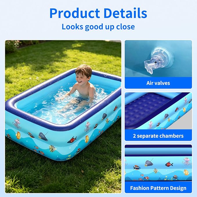 HAIKE Inflatable Pool for Adults and Kids, Summer 2 Layer Thickened Kids Pool Outdoor Water Party, Family Full-Sized Swimming Pool, Rectangle Blow Up Pool for Backyard Garden (47.2"x35.4"x19.7")