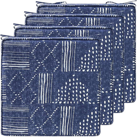 18.5 x 16 Inch Outdoor Chair Cushions with Tie Straps, Set of 4 Thick Water Repellent Rectangle Patio Chair Pads for Garden Lawn Patio Furniture, Cobalt Grid