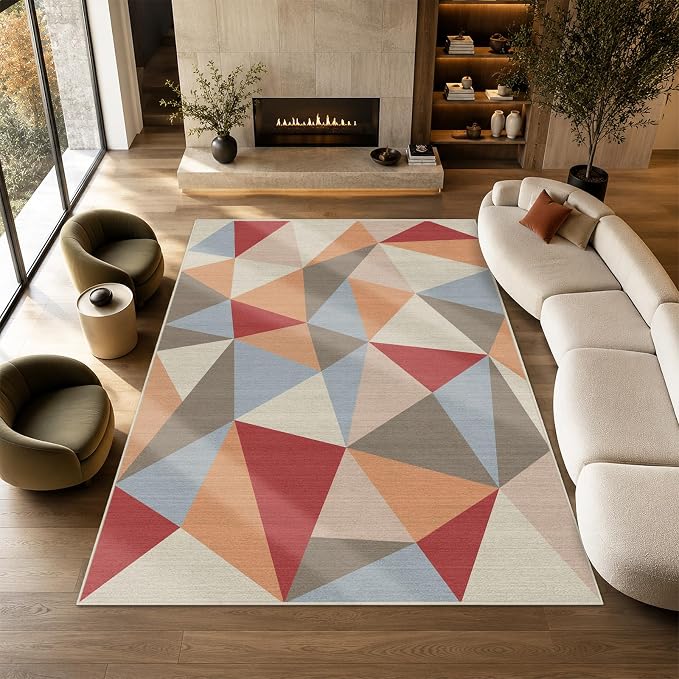 5x7 Colorful Triangle Geometric Area Rug for Living Room Bedroom Abstract Modern Large Rug Machine Washable Non-Slip Carpet for Dining Room Office
