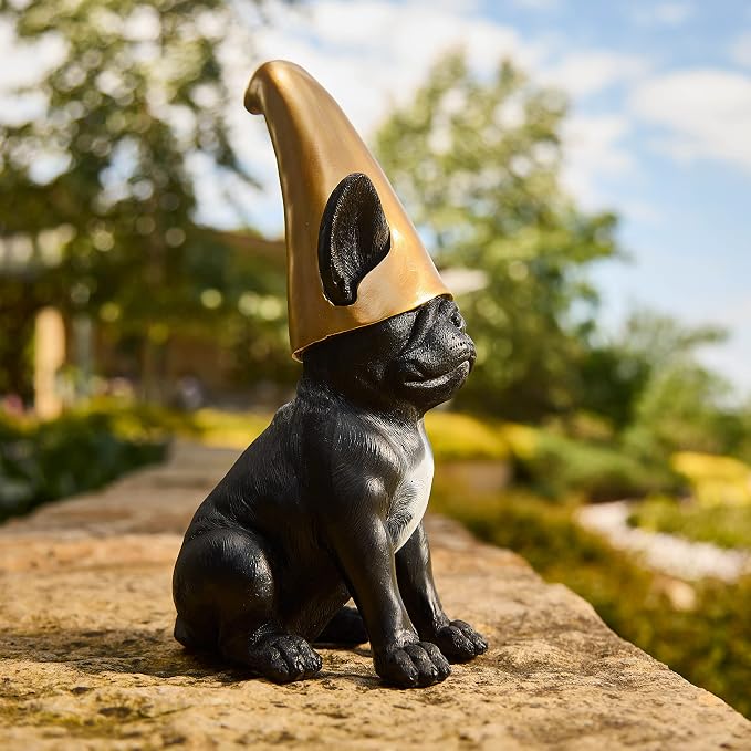Frenchie Gnome - Black Frenchie Statue with Gold Hat | Doodle Gnome Cute French Bulldog Decor Garden Gnome