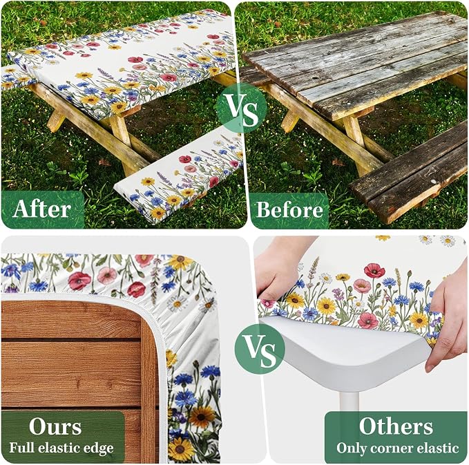 Picnic Table Cover with Bench Covers Elastic Edges, Wildflower Floral Camper Fitted Table Cover, Outdoor Camping Essentials 72 Inch 3PCS, Waterproof Camping Fitted Tablecloth with Drawstring Bag