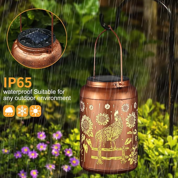 Solar Lanterns Outdoor Waterproof Hummingbird Garden Decor Gifts for Women Mom Grandma Hanging Lights Metal Decoration Outside for Yard, Patio,Backyard,Porch(Rooster)