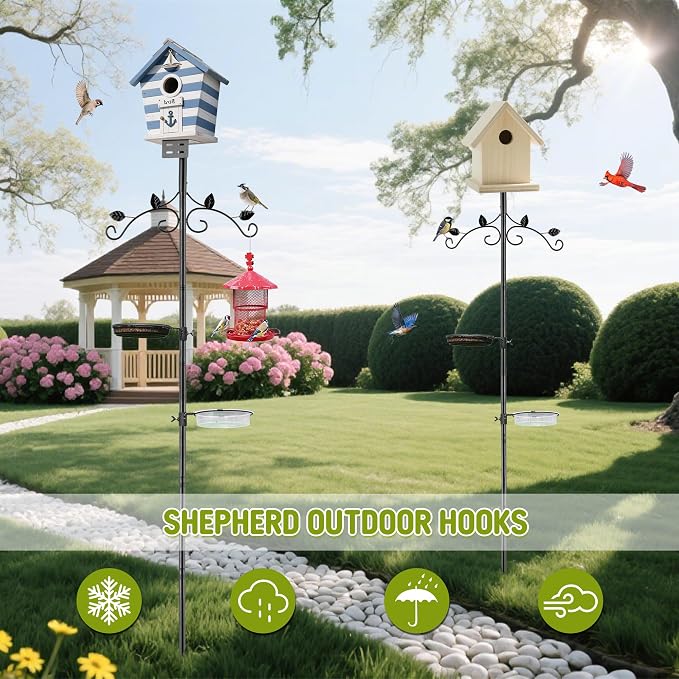 ERYTLLY Bird Feeder Pole Stand, 91 Inch Bird House Pole with 5-Prong Base Shepherds Hook for Hummingbird Feeders, Adjustable Bird Feeder Stand with Water Bowl Metal Mesh Tray for Outdoor Garden Decor