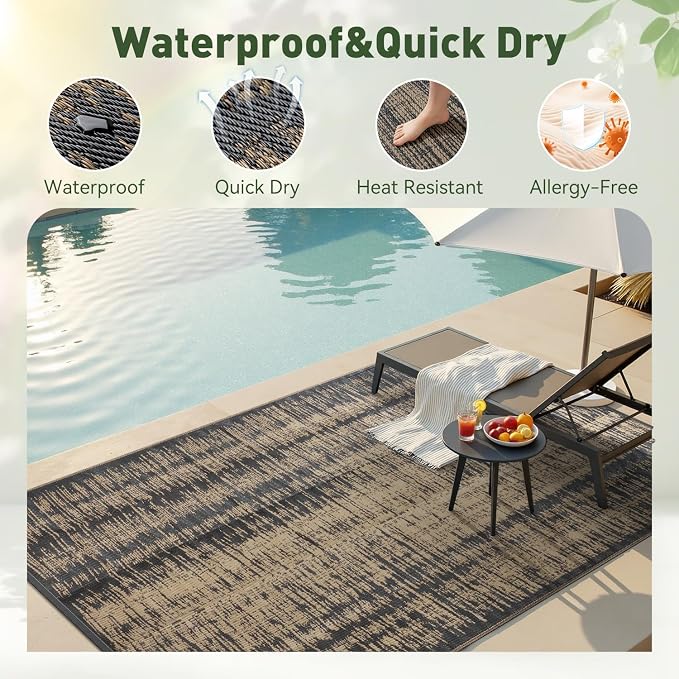 MontVoo Outdoor Rug Waterproof 6x9 ft Outdoor Carpet Patio Rug Mat Reversible RV Camping Rug Plastic Straw Outside Rug for Balcony Porch Deck Picnic Beach Modern Black Brown