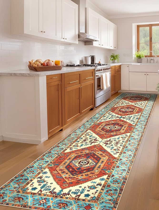 SERISSA 2'6"x12' Washable Non Slip Boho Runner Rug for Hallway，Orange | Ultra Soft Vintage Oriental Carpet Low-Pile Tribal Floor Carpet for Kitchen Bedroom Entryway Bathroom Laundry Room