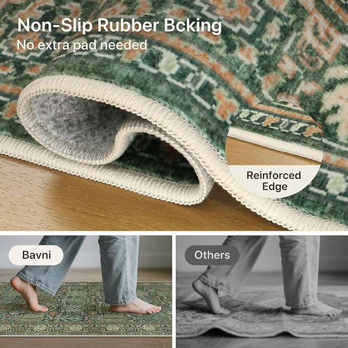 2.5x6 Kitchen Runner Rug, Washable Non Slip, Forest Green | Vintage Floral Design, Spill Resistant Lightweight Low Pile Carpet for Hallway, Bedroom, Laundry Room, Bathroom