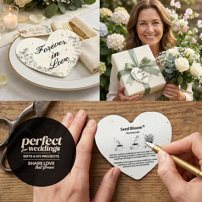 48pcs Large (2.5" h x 2.85" w) Black & White Forever in Love Heart Seed Paper – Writable & Plantable Wildflower, Mom's Gift for Birthday, Use for Wedding, Baby Shower, & Heart Party Favors