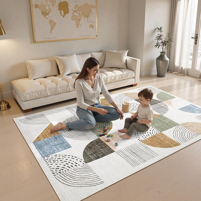 Beeiva Boho Area Rugs for Living Room, 5x7 Washable Area Rug Non Slip Geometric Carpet, Low Pile Lightweight Soft Rugs for Bedroom Home Office, Living Room Home Decor (Multi Color,5X7)