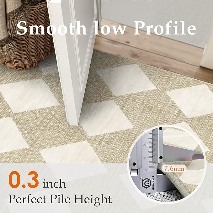 2'6x12 Washable Runner Rug Kitchen Beige Non Slip Checkered Carpet | Soft, Low Pile, Easy Clean, Diamond Pattern for Hallway, Entryway, Laundry Room, Bathroom, Modern Neutral Decor