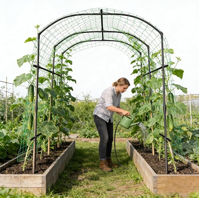 SUNYRISY Garden Arch Trellis, Metal Core Trellis for Climbing Plants Outdoor, 87" x 71" x 75" Tall Archway Tunnel Plant Support for Vine Cucumber Tomato Grape Vegetables Climbing Plants