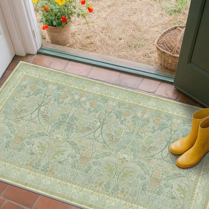 2x4 Small Green Kitchen Rugs Non Slip, Floral & Botanical Shabby Chic Washable Low Pile Area Rug for Bedroom, Bathroom, Mudroom, Powder Room