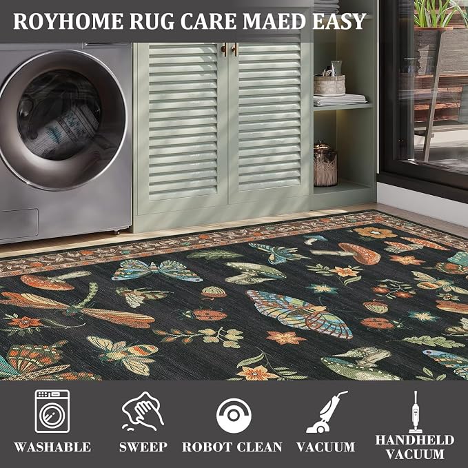 Mushroom Whimsical Cottage Core Small Rug 2x3 Washable Door Mat Indoor Rugs for Entryway Non-Slip Soft Insect Bug Butterfly Funky Decor for Bedroom Kitchen Black Brown