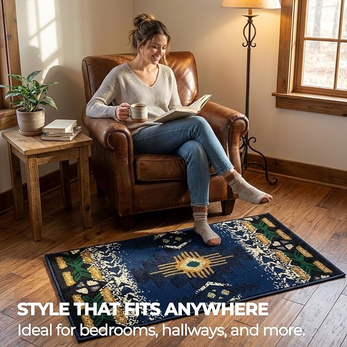 YHSF South West Native American Area Rug C318 - Easy Clean, Thick, Soft, Durable Native Tribal American Indian Inspired Rug for Bedroom/Living Room and More - Navy Blue, 16 Inches x 28 Inches