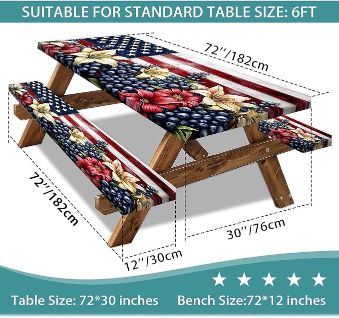 American Flag Fitted Picnic Table Cover with Bench Covers Waterproof Elastic Edges Rectangle Patio Tablecloth Outdoor Camping Rv Accessories Summer Trip Travel Supplies Party Camper Gifts, 5 ft