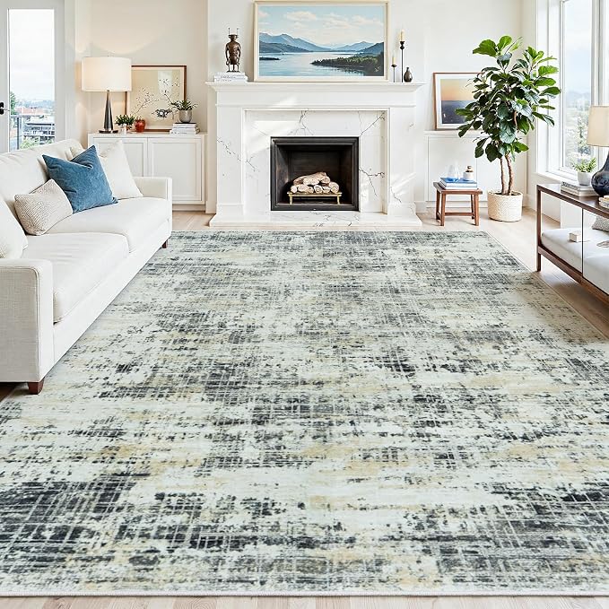 10x14 Washable Area Rug for Living Room Bedroom: Non-Slip Modern Black Gray | Machine Washable TPR Backing, Stain-Resistant Low Pile, Pet & Kid Friendly, Abstract Decor for Dining Room, Dorm, Home Office