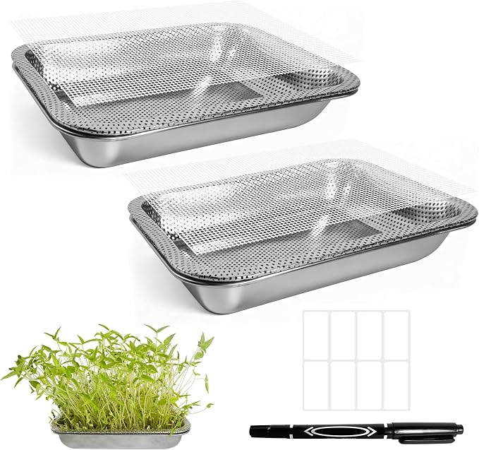 2 Pack Stainless Steel Seed Sprouter Trays, 2-Tier Soil-Free Microgreens Growing Kit, Rust-Free Sprouting Tray with Mesh Pads for Sprouts Beans Alfalfa Wheatgrass (10.6" * 7.9" * 1.9")