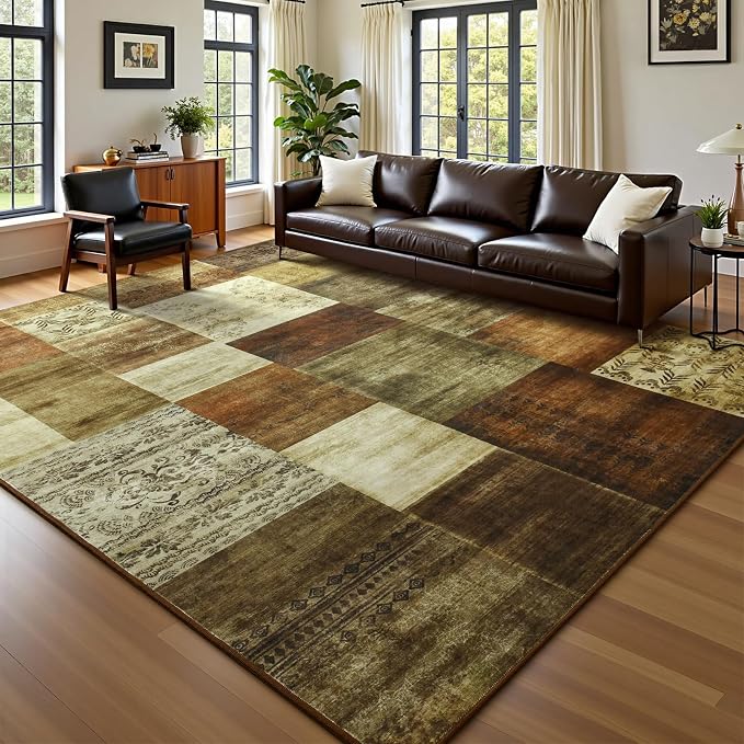 Washable Area Rugs 9x12 for Living Room, Large Modern Geometric Brown Soft Patchwork Carpet, Non-Slip Stain Resistant Throw Rug for Bedroom Dining Room Office Home Decor
