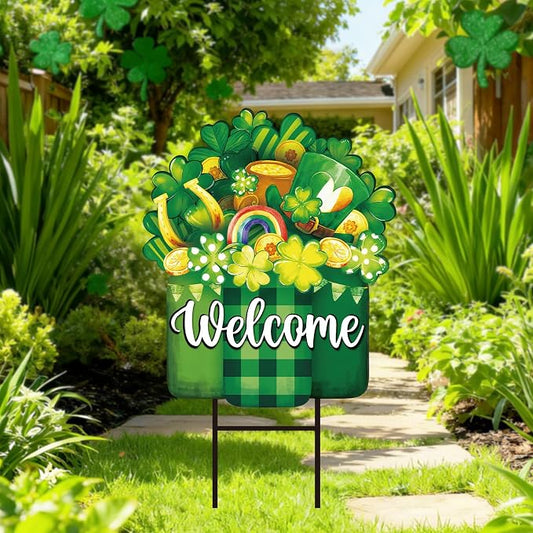 JarThenaAMCS St. Patrick' s Day Metal Garden Stake Welcome Yard Sign Watercolor Green Clover Shamrock Vase Decorative Lawn Sign for Irish Holiday Home Outside Lawn Porch Walkway