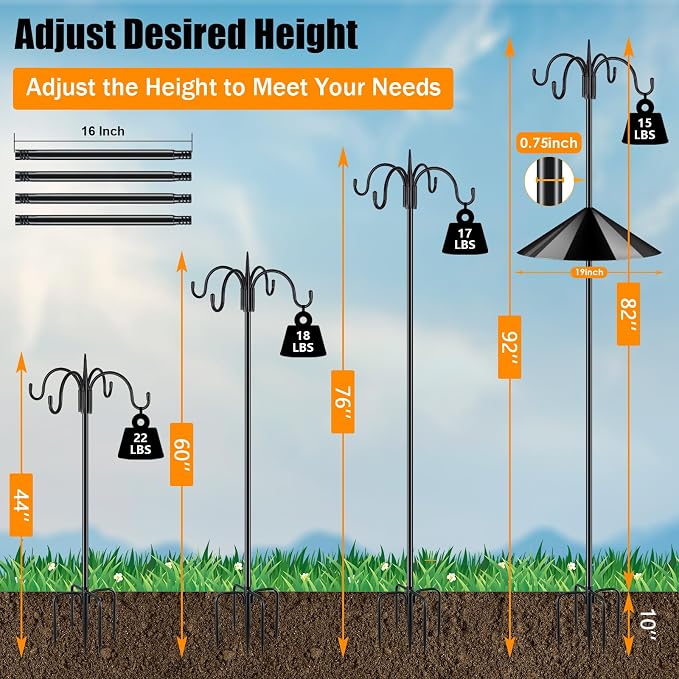 FEED GARDEN Heavy Duty Shepherds Hook Squirrel-Proof Bird Feeder Pole 92" Four Hooks 5-Prong Base & 19" Baffle for Outdoor Feeders & Plants