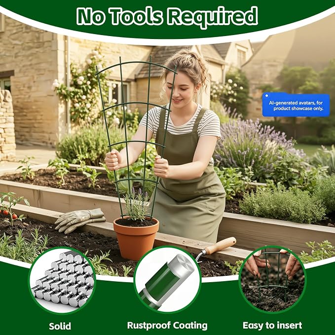 Thealyn 4 Pack 32" Metal Plant Trellis for Pots & Garden Beds, Rustproof Support for Indoor Outdoor Climbing Plants, Vines, Flowers, Fan Shaped, Green