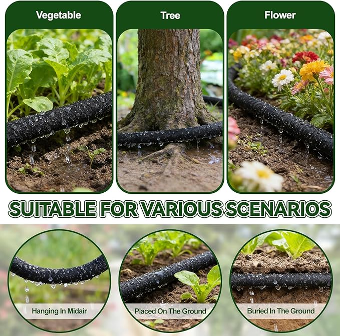 Kalolary 100FT Soaker Hose Kit 1/2" Drip Hose for Garden 80% Water Saving Drip Hose with Connectors Valve End Plug Drip Irrigation System Kit for Flower Bed Lawn Garden