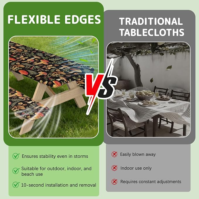 Picnic Table Cover with Bench Covers Elastic Edges, 3 Pcs Mushroom Fitted Table Cover with Drawstring Bag, Waterproof Windproof Aesthetic Camping Tablecloth, Outdoor Camping Essentials 72 Inch