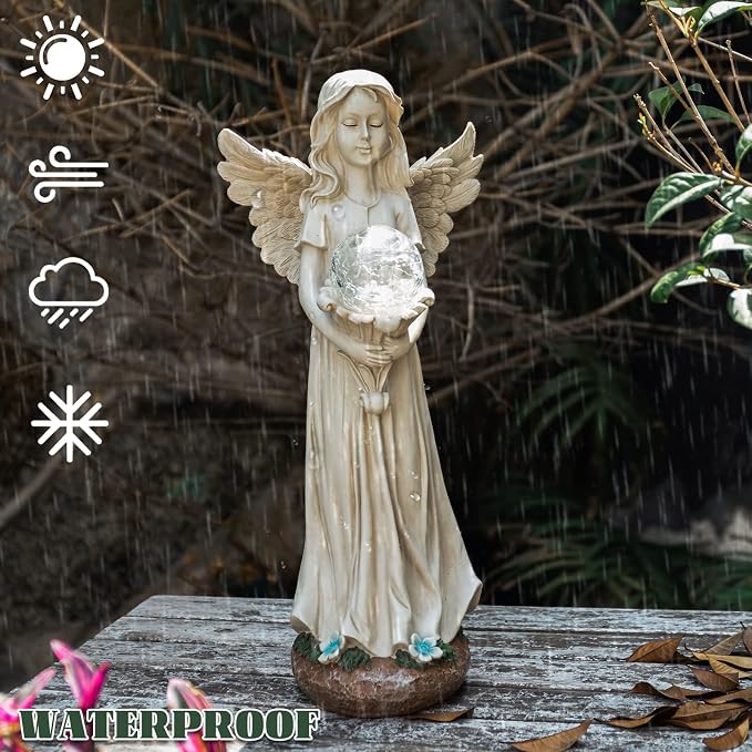 Angel Statue for Garden - 16.3 inches Guardian Solar Garden Statues with Solar Lights, Angel Figurines Gardening Gifts for Mother Grandma Lawn Outdoor Ornaments Figurines for Outdoor Decor