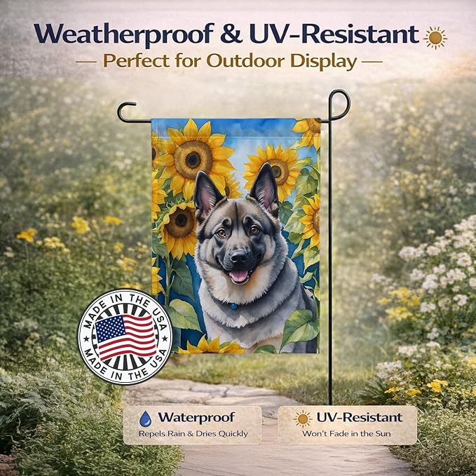Caroline's Treasures DAC6126GF Norwegian Elkhound in Sunflowers Garden Flag Mailbox Flag Decorative Yard Flag Banner Outside Patio Artwork Yard Flower Beds, Garden Size, Multicolor
