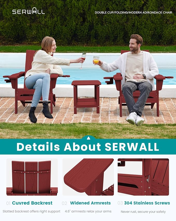 SERWALL Modern Folding Adirondack Chair Set with 9 Ft Umbrella, Folable Adirondack Chairs Set of 2 with Cup Holders, HDPE Fire Pit Chairs for Patio Lawn Garden, Red (Umbrella Base is not Included)