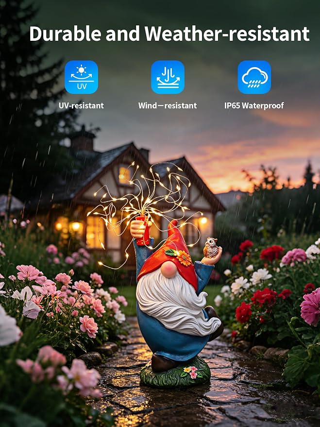 Garden Gnome Statue, Solar Outdoor Decor with Owl and Firework LEDs | Waterproof solar resin gnome for outdoor gardens, patios, porches and balconies; a charming gift for women and garden lovers