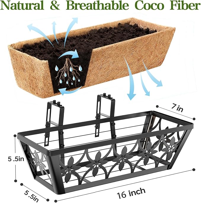 16 Inch Window Boxes Planters Railing Planter Box - 2 Pack Deck Railing Planter Boxes with Adjustable Brackets Coco Liners Balcony Planters Railing Hanging for Window Flower Boxes Outdoor Garden Decor