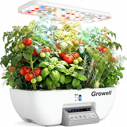 Growell 17 Pods Hydroponics Growing System Kit, Indoor Garden with 2 Fans | for Airflow & Anti-Mold, LED Grow Light, Smart Water Cycle, Auto Timer, 10L Large Water Tank, Indoor Gardening Gift, White