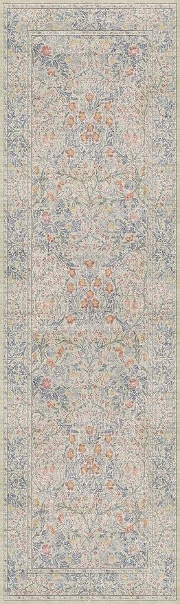 Vintage Beige Blue 3x10 Runner Rug for Hallway, Kitchen, Bathroom, Entryway Indoor, Washable Non Slip Rubber Backing Stain Resistant - Botanical Home Decor