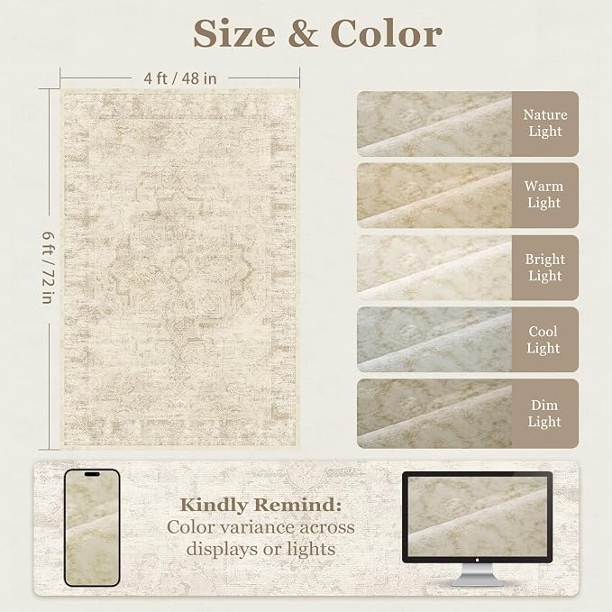 Beige 4x6 Throw Rugs for Entryway, Washable Neutral Rug with Rubber Backing for Living Room Bedroom, Vintage Medallion Distressed Area Rug for Kitchen/Bathroom/Dorm/Home Office